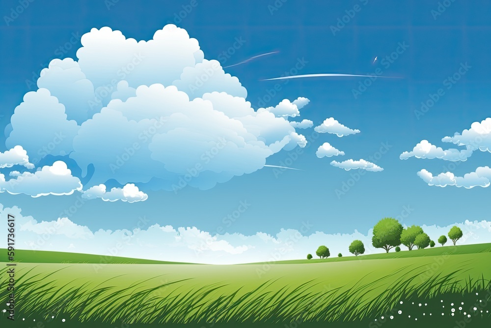 Poster serene green field with tall trees and fluffy clouds in the blue sky. generative ai