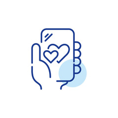 Dating app on smartphone. Two hearts symbol of love. Online romantic relationship. Pixel perfect, editable stroke icon