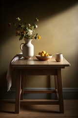 A vase of flowers sits on a table next to a bowl of oranges.