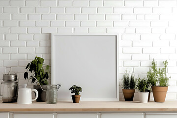 A white frame with plants on it sits on a counter.