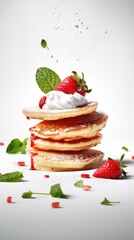 Delicious pancakes with strawberry topped with whipped cream and mint. Generative AI