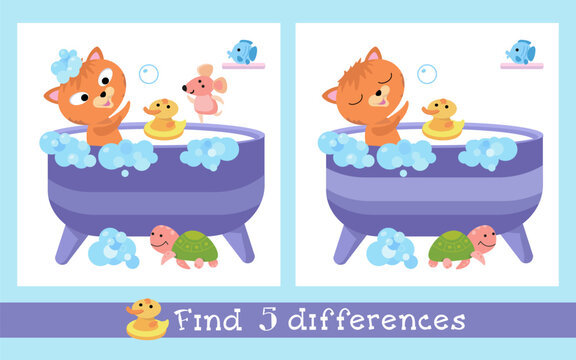 Find 5 hidden differences. Educational puzzle game for children. Cute cat with toys in bath. Animals in cartoon style. Vector illustration.