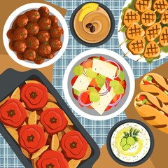 Greek cuisine illustration. Traditional dishes of Greece.