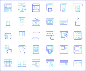 Simple Set of atm Related Vector Line Icons. Vector collection of money, credit card, banking, loan, finance, credit, deposit, income, payment and design elements symbols or logo element.