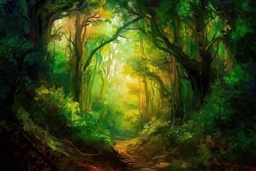 Mystical Metaphysical Style Lush Forest Painting