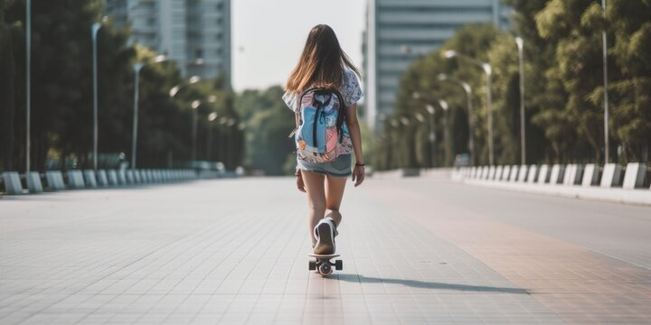 woman with urban backpack roller skating on sunny summer day, concept of Active lifestyle and Urban transportation, created with Generative AI technology