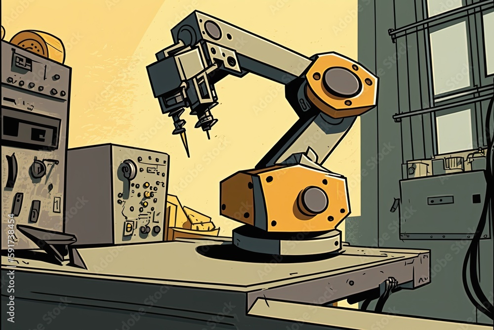 Poster robot sitting on a table with a futuristic cityscape in the background. generative ai