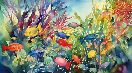 Tropical fish swimming in a coral reef in watercolor, generative ai