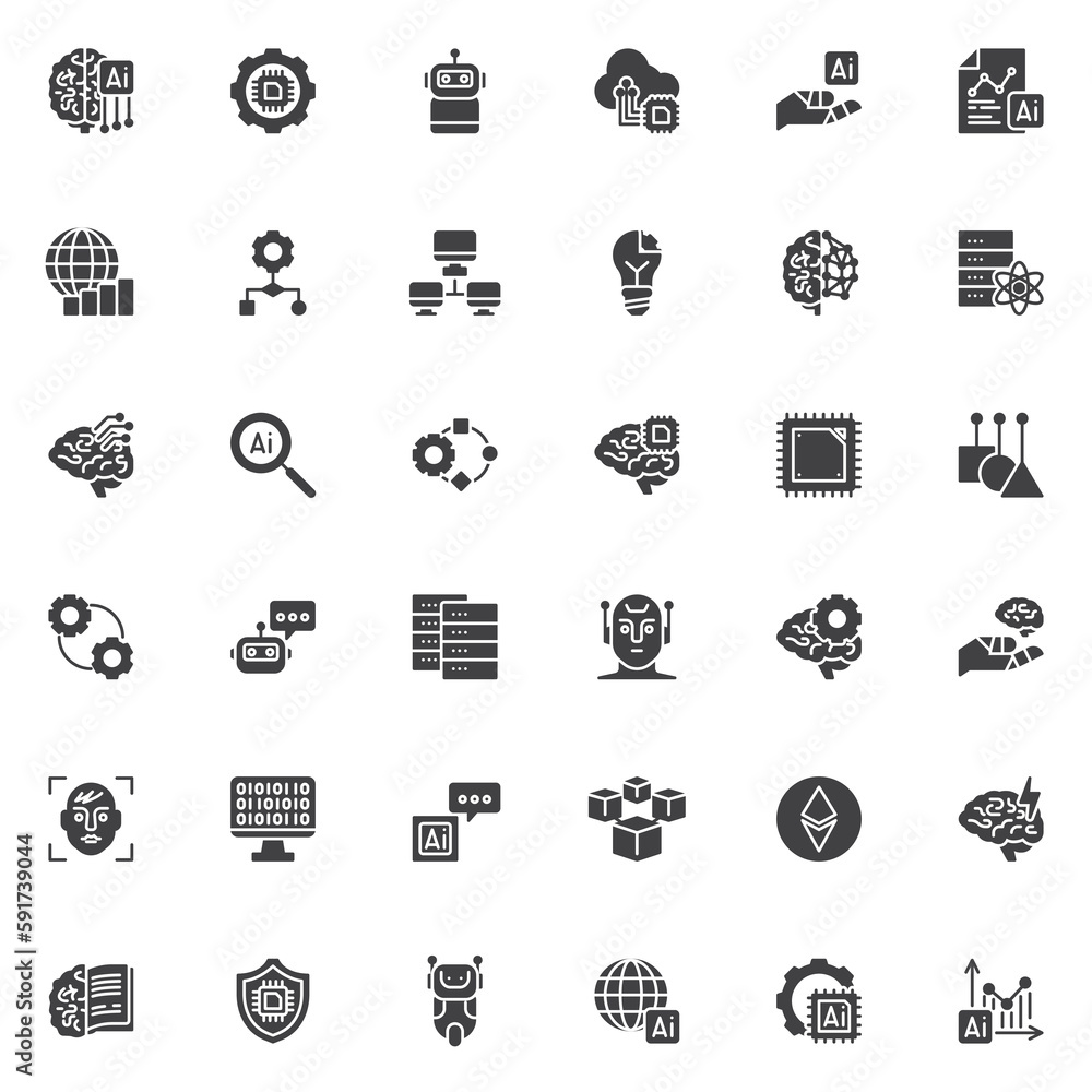 Poster artificial intelligence and data analytics vector icons set
