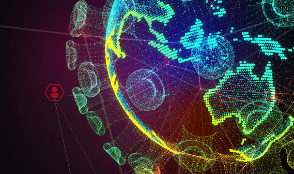 Glowing Omicron made of neon particles. Bright magic spread mutation globe world map concept abstract style of colorful dots