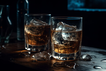 closeup of a deliciously refreshing whiskey drink, while on a dark background, wooden surface  - Generative AI
