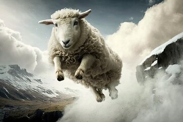 Fototapeta premium sheep soaring over a majestic mountain landscape. Generative AI