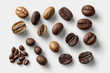 various coffee beans showcasing different colors, shapes, and sizes. Generative AI - obrazy, fototapety, plakaty