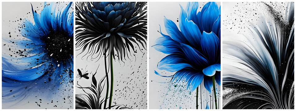 Abstract art posters with flowers and rain, drawn in a free brush technique, black ink painting with blue color for interior design, decor, packaging, invitation, print. AI generated.