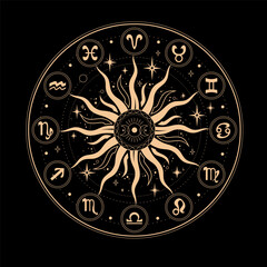 Golden round astrological calendar with zodiac signs