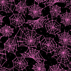 Seamless pattern of pink stylized cobwebs on a black background