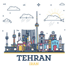 Fototapeta premium Outline Tehran Iran City Skyline with Colored Historic Buildings Isolated on White. Teheran Persia Cityscape with Landmarks.