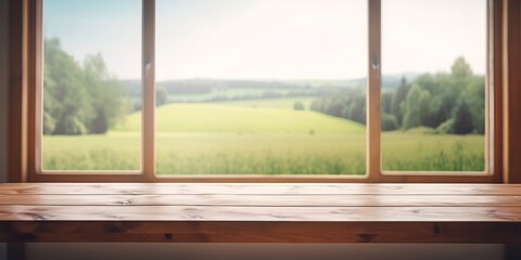 Plakat Empty wooden table with nature view out of window background, Free space for product display. Generative Ai