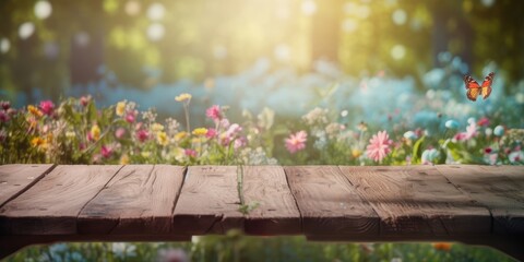 Empty wooden table with spring flower and butterfly background, Free space for product display. Generative Ai