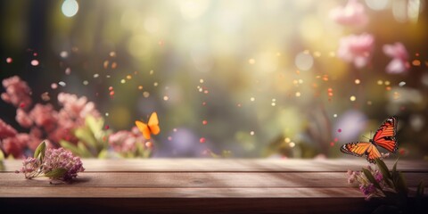 Naklejka na ściany i meble Empty wooden table with spring flower and butterfly background, Free space for product display. Generative Ai