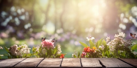 Empty wooden table with spring flower and butterfly background, Free space for product display. Generative Ai