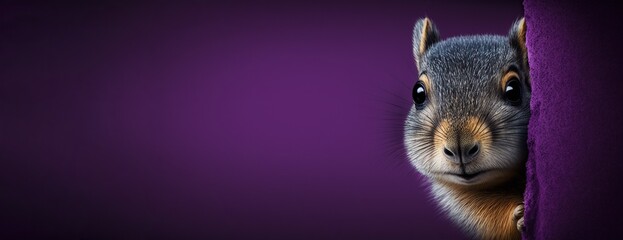 Sly squirrel peeks around purple corner on purple background, concept of Cunning and Curiosity, created with Generative AI technology - obrazy, fototapety, plakaty