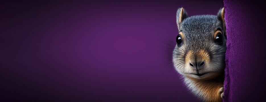Sly squirrel peeks around purple corner on purple background, concept of Cunning and Curiosity, created with Generative AI technology