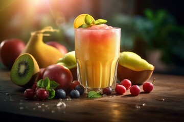 Fresh fruits juice on amazing light background, Healthy beverage rich in vitamins. Created Generative Ai