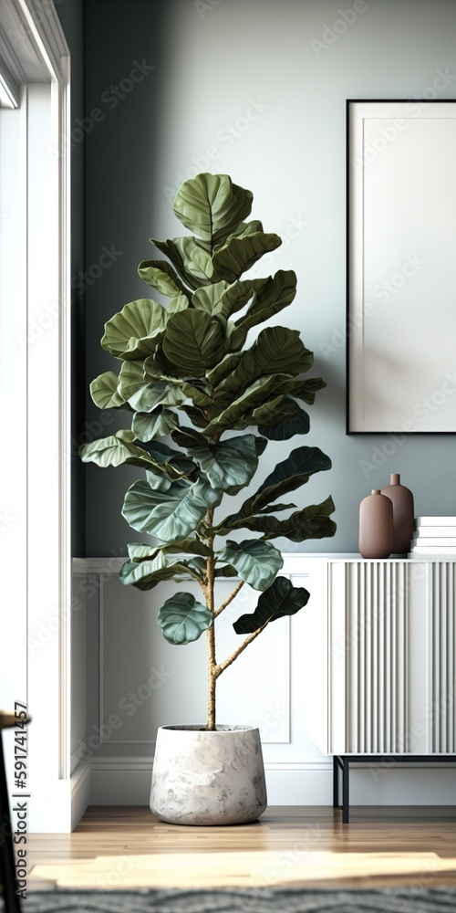 Poster placement of a fiddle leaf fig tree in a living space generative ai