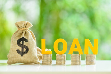 Consumer and personal loan, financial concept : Loan bags, row of coins with the word LOAN on a...