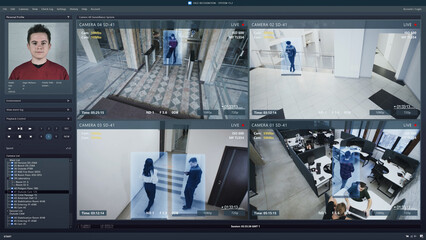 Playback CCTV cameras in business office on computer screen. Interface of AI futuristic program with information and recognition system. Security cameras. Concept of identification and tracking.