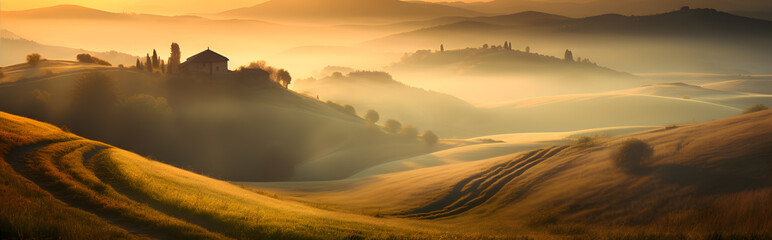 a church sitting on top of a lush green hillside, a picture, light orange mist, many golden layers, tuscany hills, generative ai