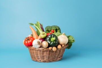 vegetables in basket isolated on blue background with copy space for spring holiday - Generative AI
