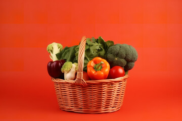 vegetables in basket isolated on red background with copy space for spring holiday - Generative AI
