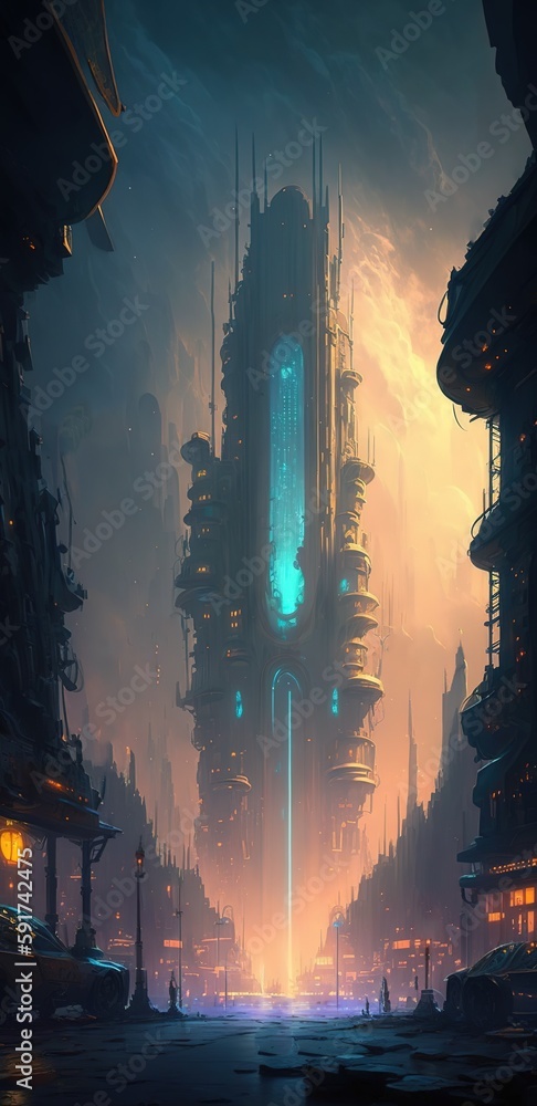 Poster metropolis from an other reality. abstract world of fantasy captured in a digital artwork. visions o