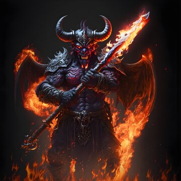 red eyed demon holding a flaming Greatsword in a fighting stance Realistic 4k 