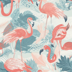 Cute cartoon flamingo bird seamless pattern watercolor style background. Generative ai.