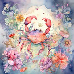 Obraz na płótnie Canvas Sweet Watercolor Shy Crab Generative Ai