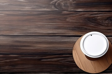 Fototapeta na wymiar top view of paper cup of coffee on wooden surface, closed white lid - Generative AI