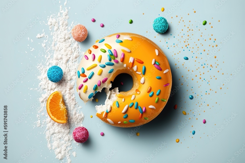 Poster doughnut on white textured background with colorful good and bad eating options. generative ai