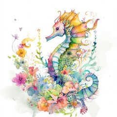 Watercolor  Whimsical Seahorse Generative Ai