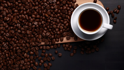 Fototapeta premium top view of coffee cup with coffee beans on wooden board - Generative AI