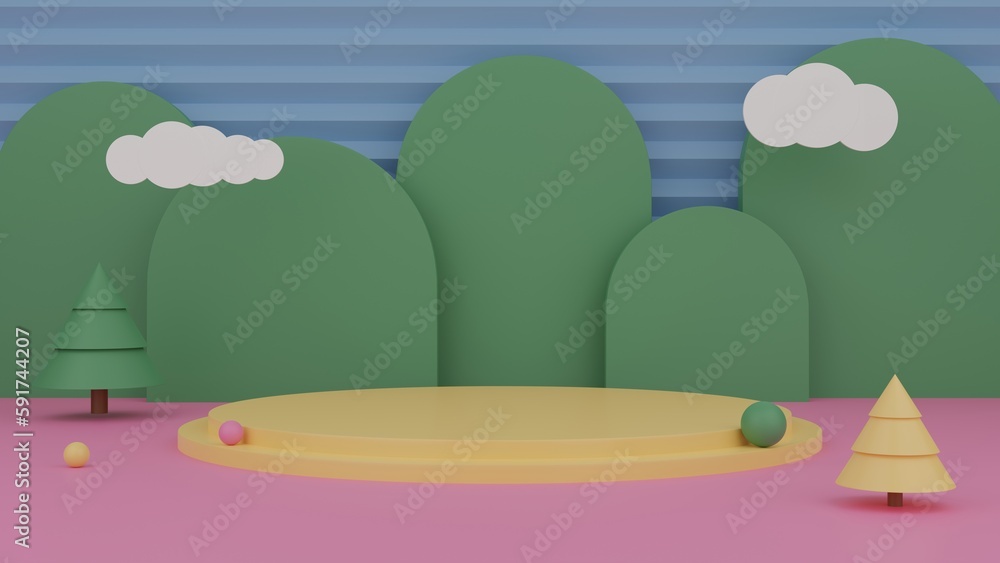 Poster podium with cute mountains and trees on blue background, abstract background 3d rendering
