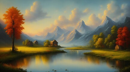 Digital painting of a landscape with a lake, trees and mountains in the foreground