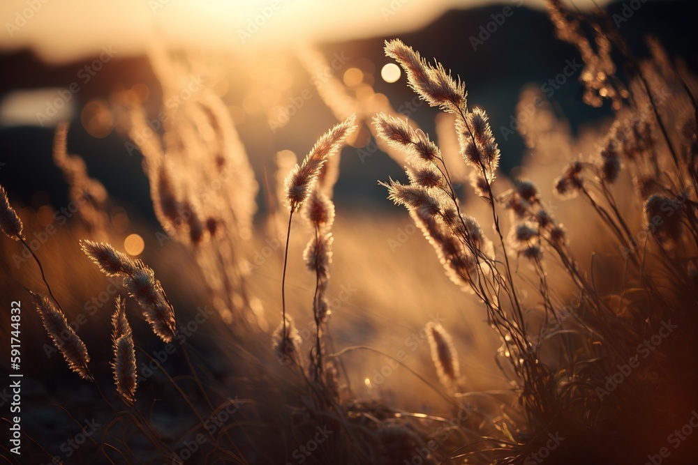 Poster bokeh and highlights abound in this image of dry wild grass bathed in the twilight sun of a swelteri