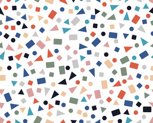 Seamless pattern with colored confetti of triangles, circles and squares - 591745093