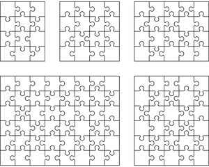 Separate pieces of five white jigsaw puzzles	 - 591745094