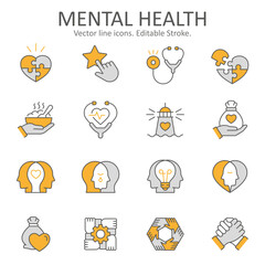 Mental health icons, such as donation, charuty, empathy, integrity and more. Vector illustration isolated on white. Editable stroke.
