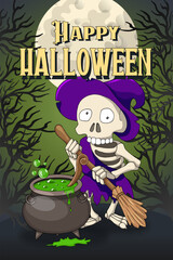 Happy Halloween postcard template. Skeleton Hag Violet Robe cartoon Character