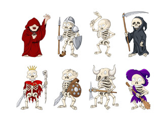 Vector Halloween set with cute creepy skeletons. Hand drawn cartoon characters